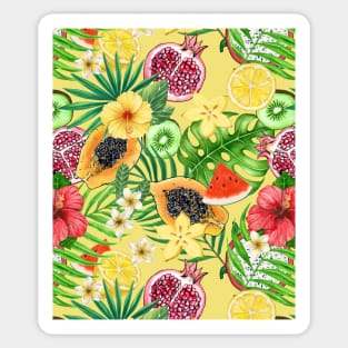 Tropical mix-fruit, flowers and leaves on yellow Sticker